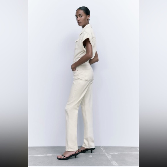 LONG DENIM JUMPSUIT - OYSTER WHITE - Picture 3 of 10